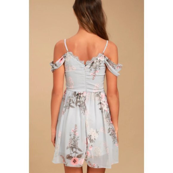 Lulu's Verona Off-the-Shoulder Lace‎ Dress Light Blue Floral Print Womens… - Picture 2 of 13